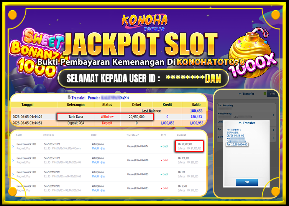 KONOHATOTO78 JACKPOT SWEET BONANZA 1000 Rp.20.950.000,-LUNAS